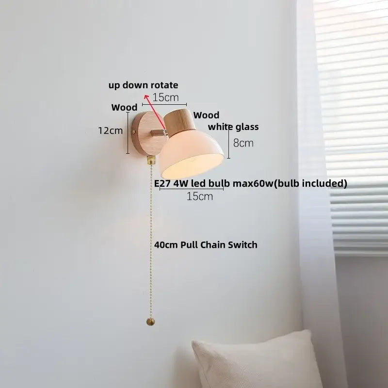 Modern wood and amber glass led wall sconce bedroom pull chain light