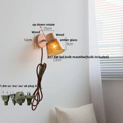 Modern wood and amber glass led wall sconce bedroom pull chain light