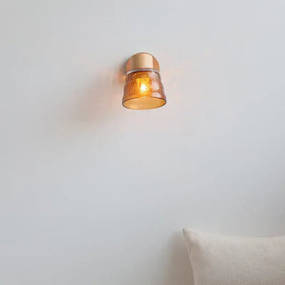Modern wood and amber glass led wall sconce bedroom pull chain light