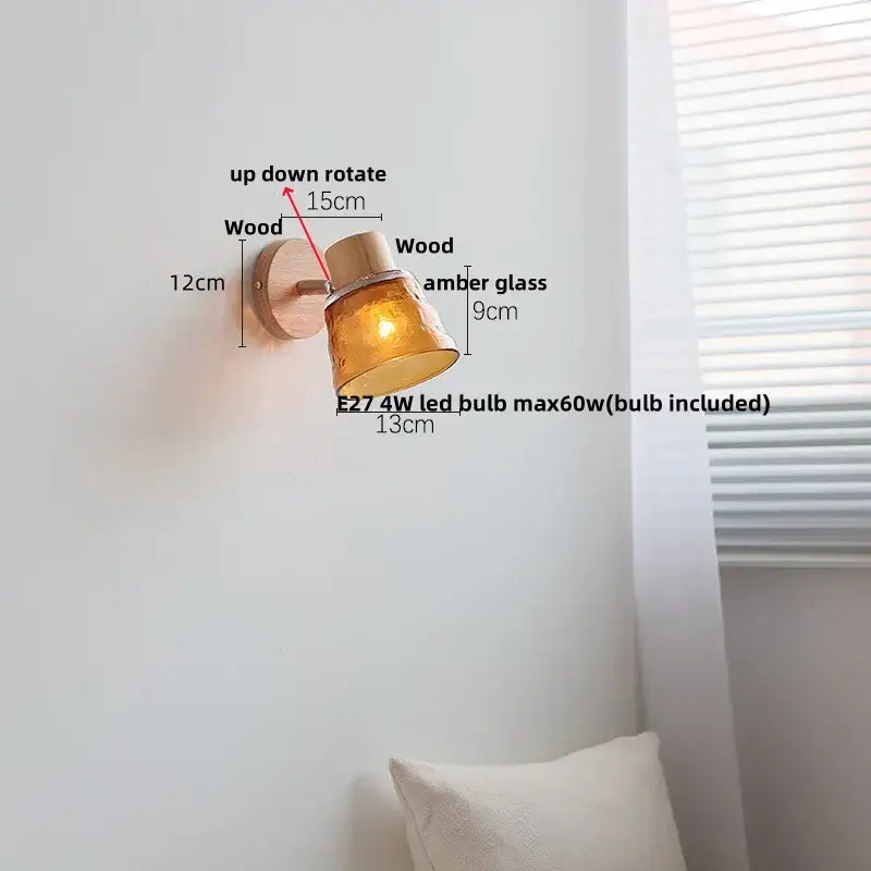 Modern wood and amber glass led wall sconce bedroom pull chain light