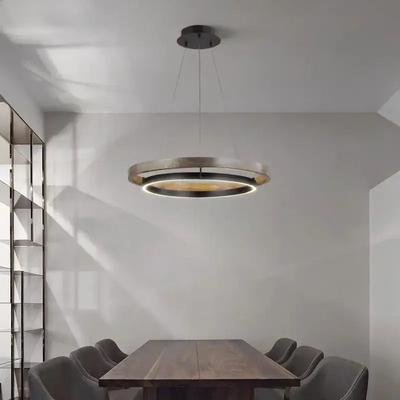 Modern wood and black double circular led chandelier dining room