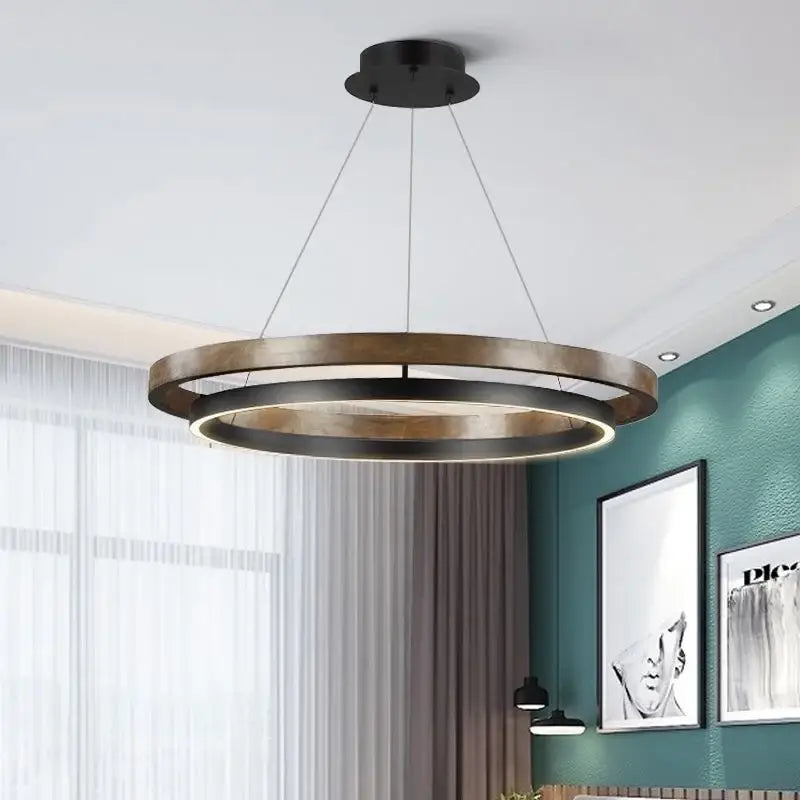 Modern wood and black double circular led chandelier dining room