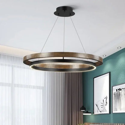 Modern wood and black double circular led chandelier dining room