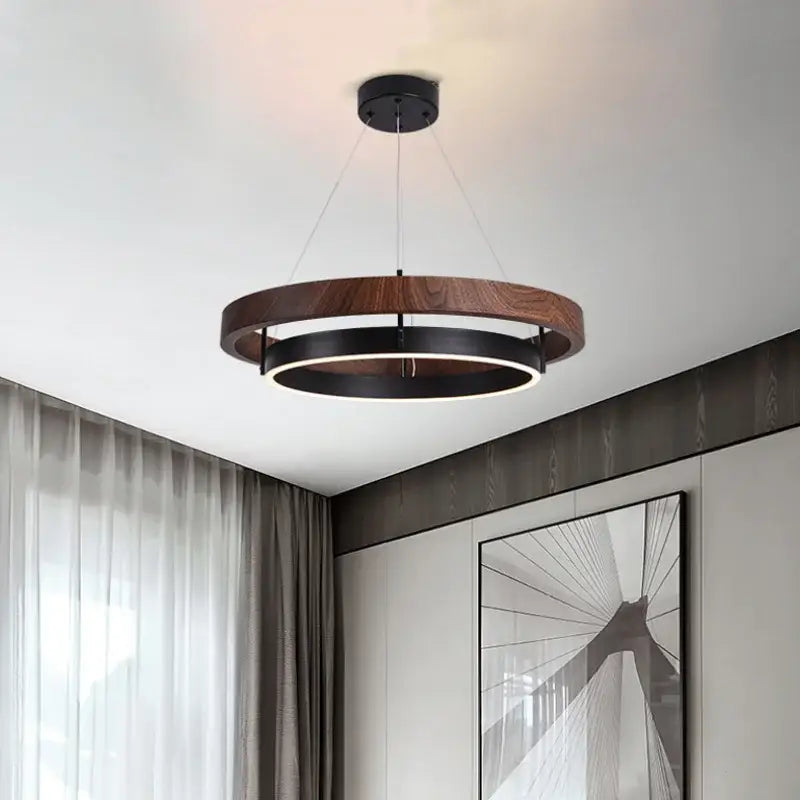 Modern wood and black double circular led chandelier dining room