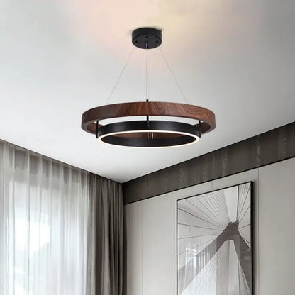 Modern wood and black double circular led chandelier dining room