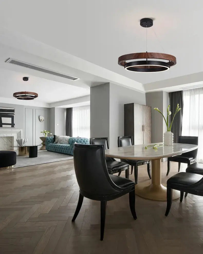 Modern wood and black double circular led chandelier dining room