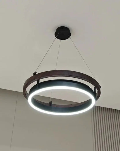 Modern wood and black double circular led chandelier dining room