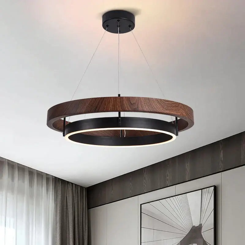 Modern wood and black double circular led chandelier dining room