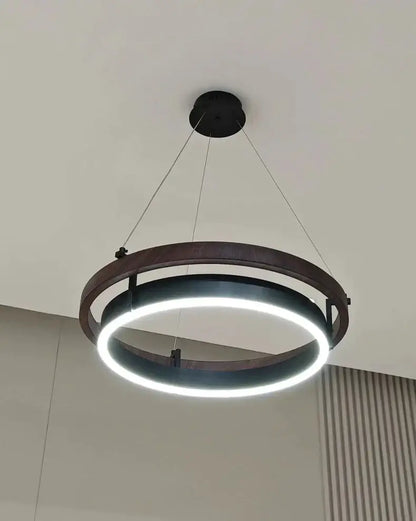 Modern wood and black double circular led chandelier dining room
