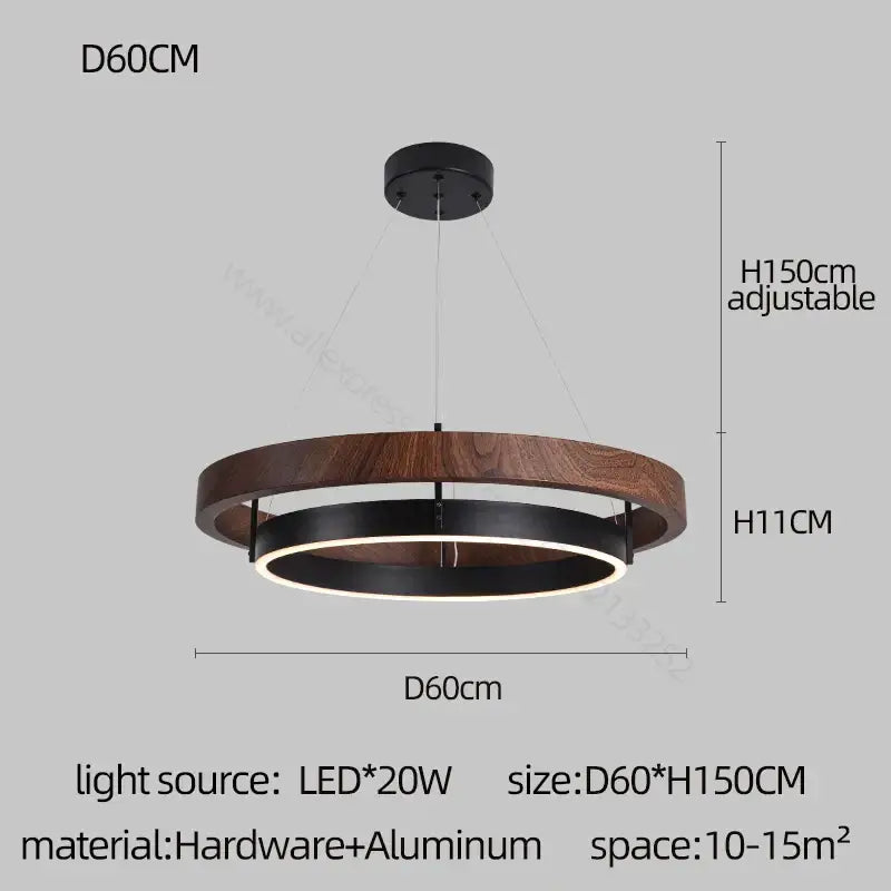 Modern wood and black double circular led chandelier dining room