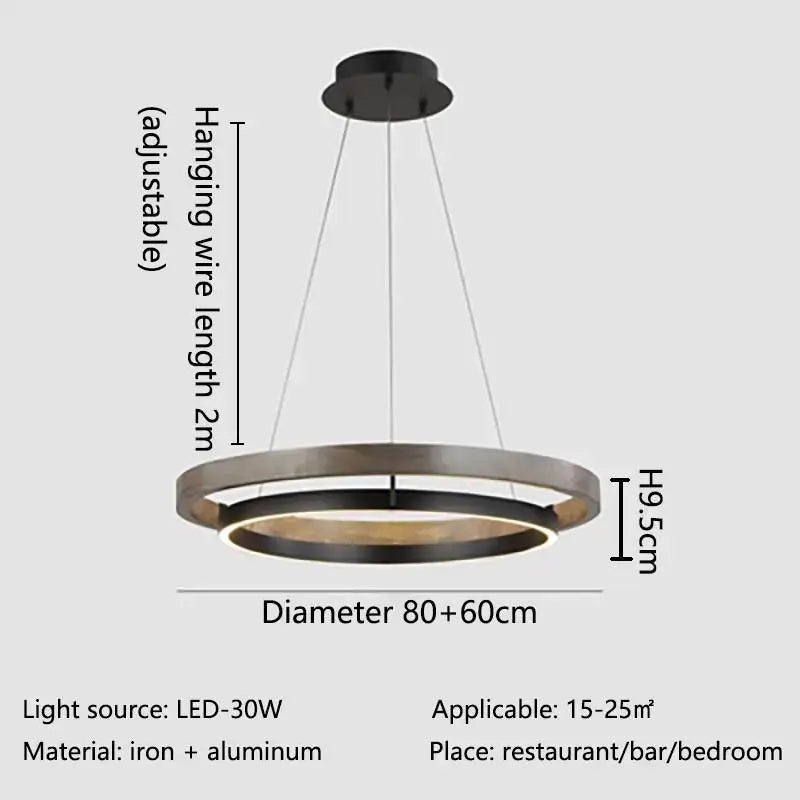 Modern wood and black double circular led chandelier dining room