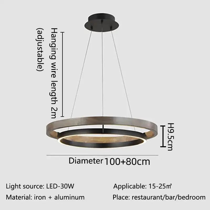 Modern wood and black double circular led chandelier dining room