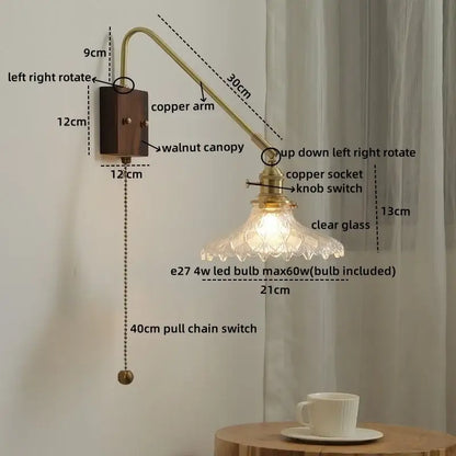 Modern wood and copper led wall sconce bedroom glass stair light