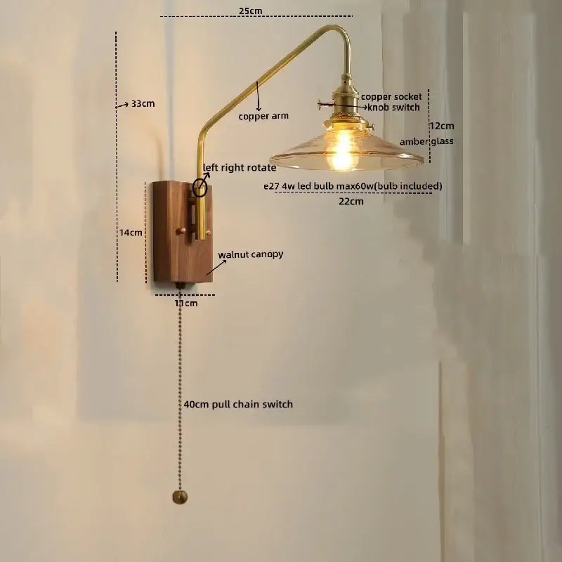 Modern wood and copper led wall sconce bedroom glass stair light
