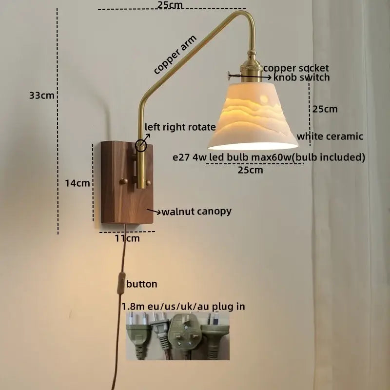 Modern wood and copper led wall sconce bedroom glass stair light
