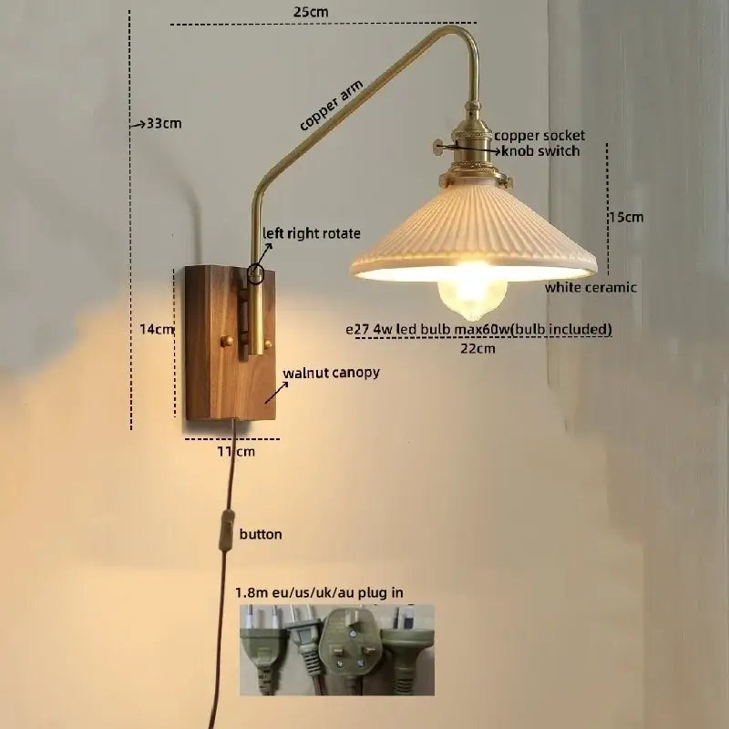 Modern wood and copper led wall sconce bedroom glass stair light