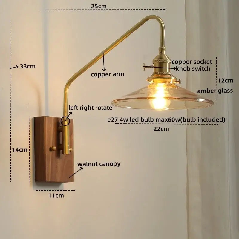 Modern wood and copper led wall sconce bedroom glass stair light