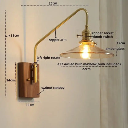 Modern wood and copper led wall sconce bedroom glass stair light