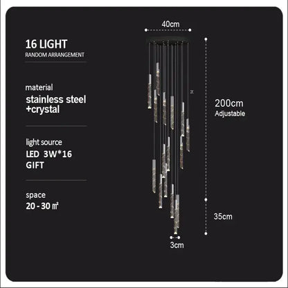 Modern wood and crystal column led chandelier staircase light