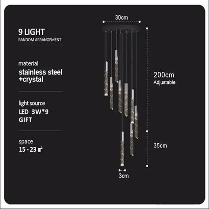 Modern wood and crystal column led chandelier staircase light