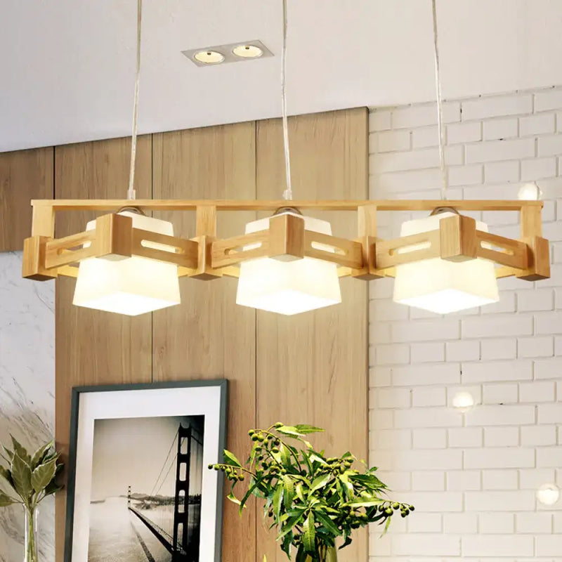 Modern wood and frosted glass island pendant light kitchen fixture