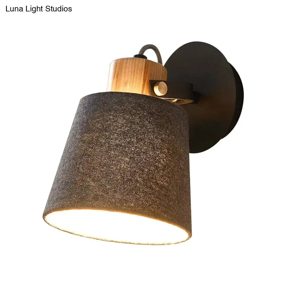 Modern wood and gray fabric shade wall lamp bedroom light