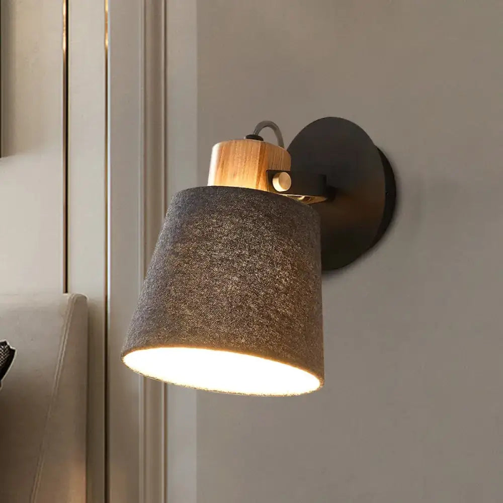 Modern wood and gray fabric shade wall lamp bedroom light