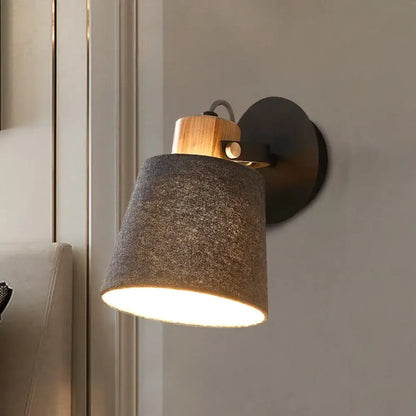 Modern wood and gray fabric shade wall lamp bedroom light