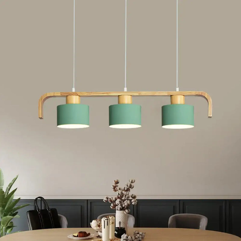 Modern wood and mint green 3 light chandelier for dining room kitchen