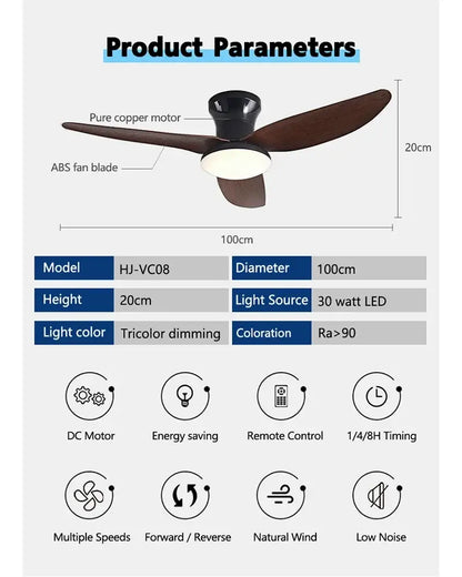 Modern wood and white ceiling fan with 30w remote control bedroom light