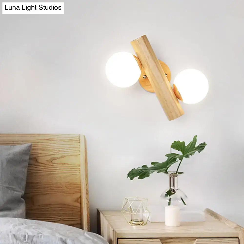 Modern wood and white glass ball rotating wall sconce bedroom light