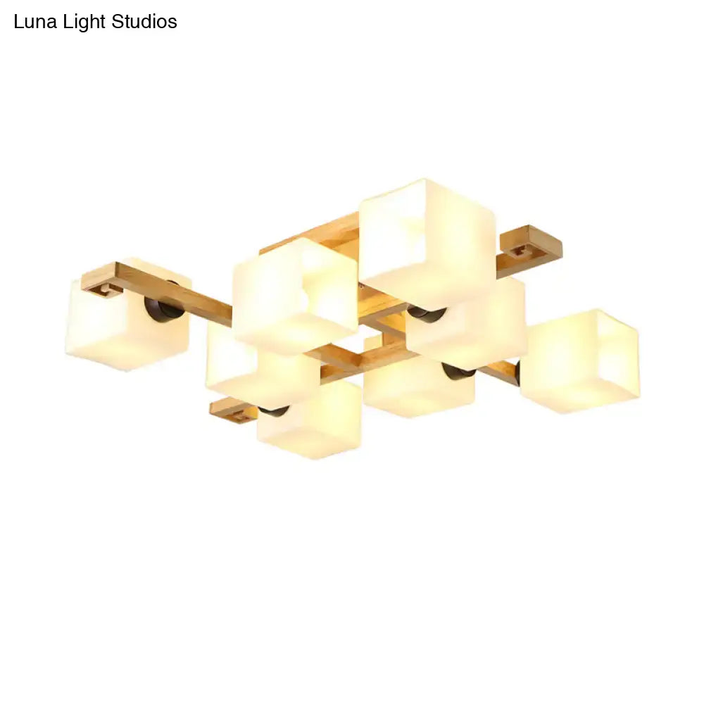 Modern wood and white glass square ceiling light for living room