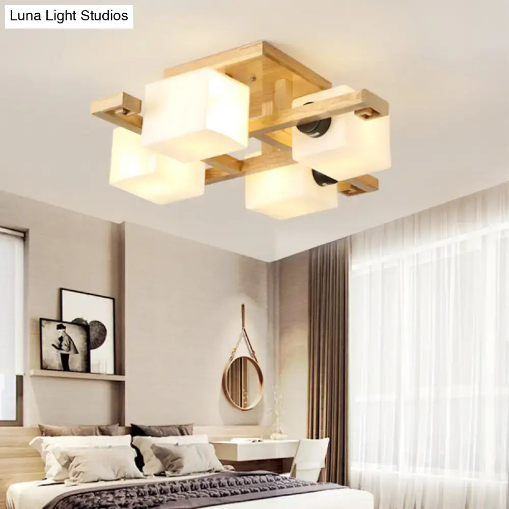 Modern wood and white glass square ceiling light for living room