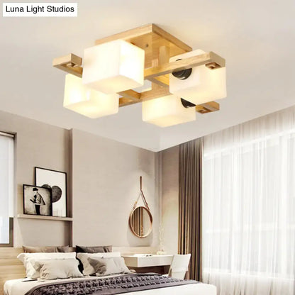 Modern wood and white glass square ceiling light for living room
