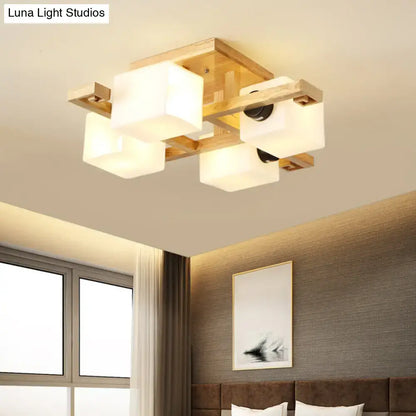 Modern wood and white glass square ceiling light for living room