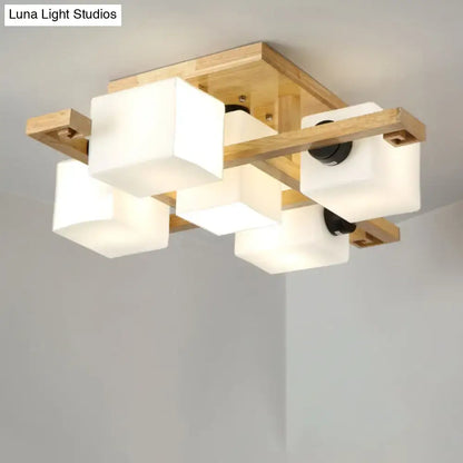 Modern wood and white glass square ceiling light for living room