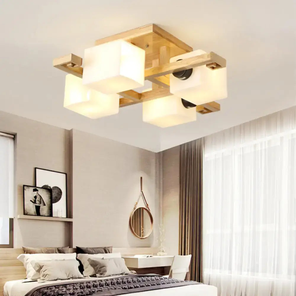 Modern wood and white glass square ceiling light for living room