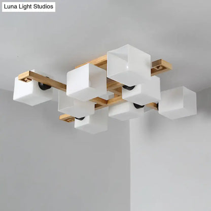 Modern wood and white glass square ceiling light for living room