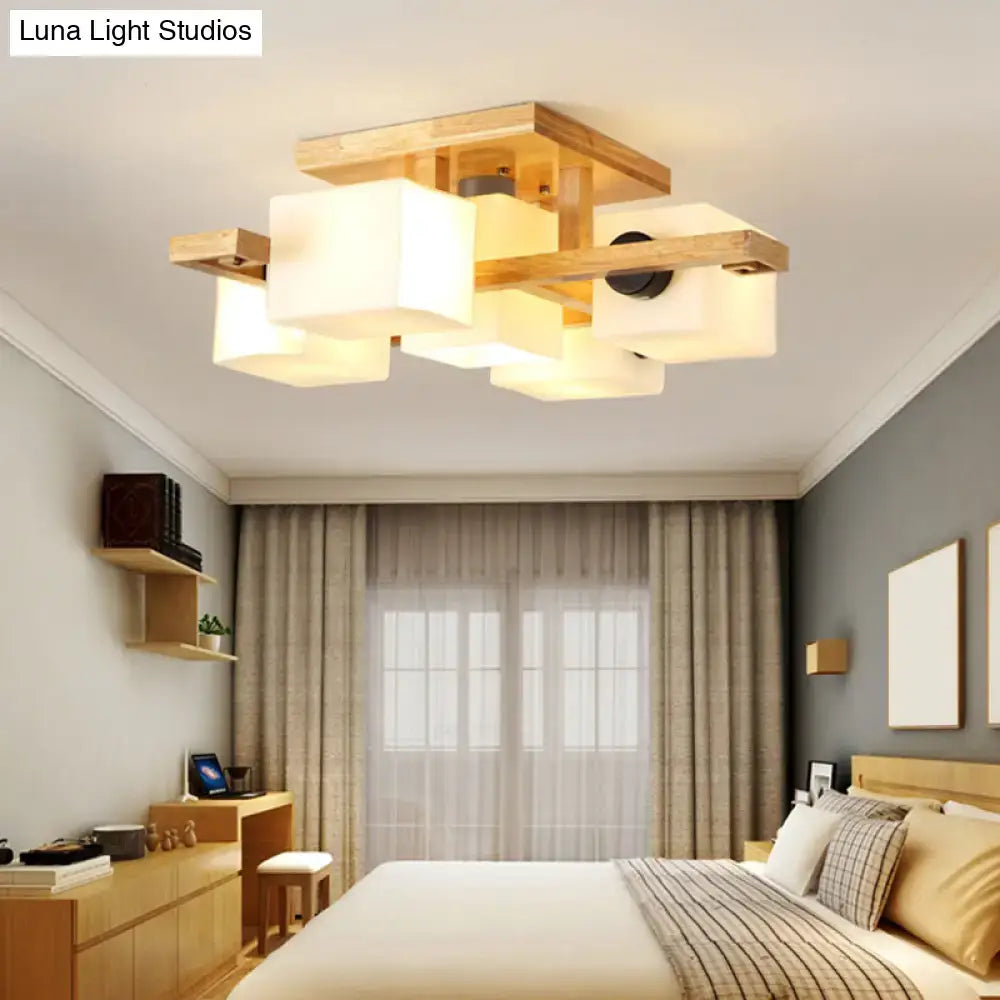 Modern wood and white glass square ceiling light for living room
