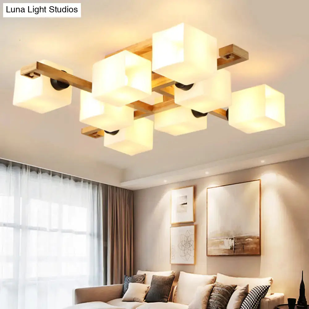 Modern wood and white glass square ceiling light for living room