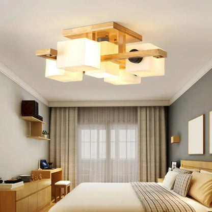 Modern wood and white glass square ceiling light for living room