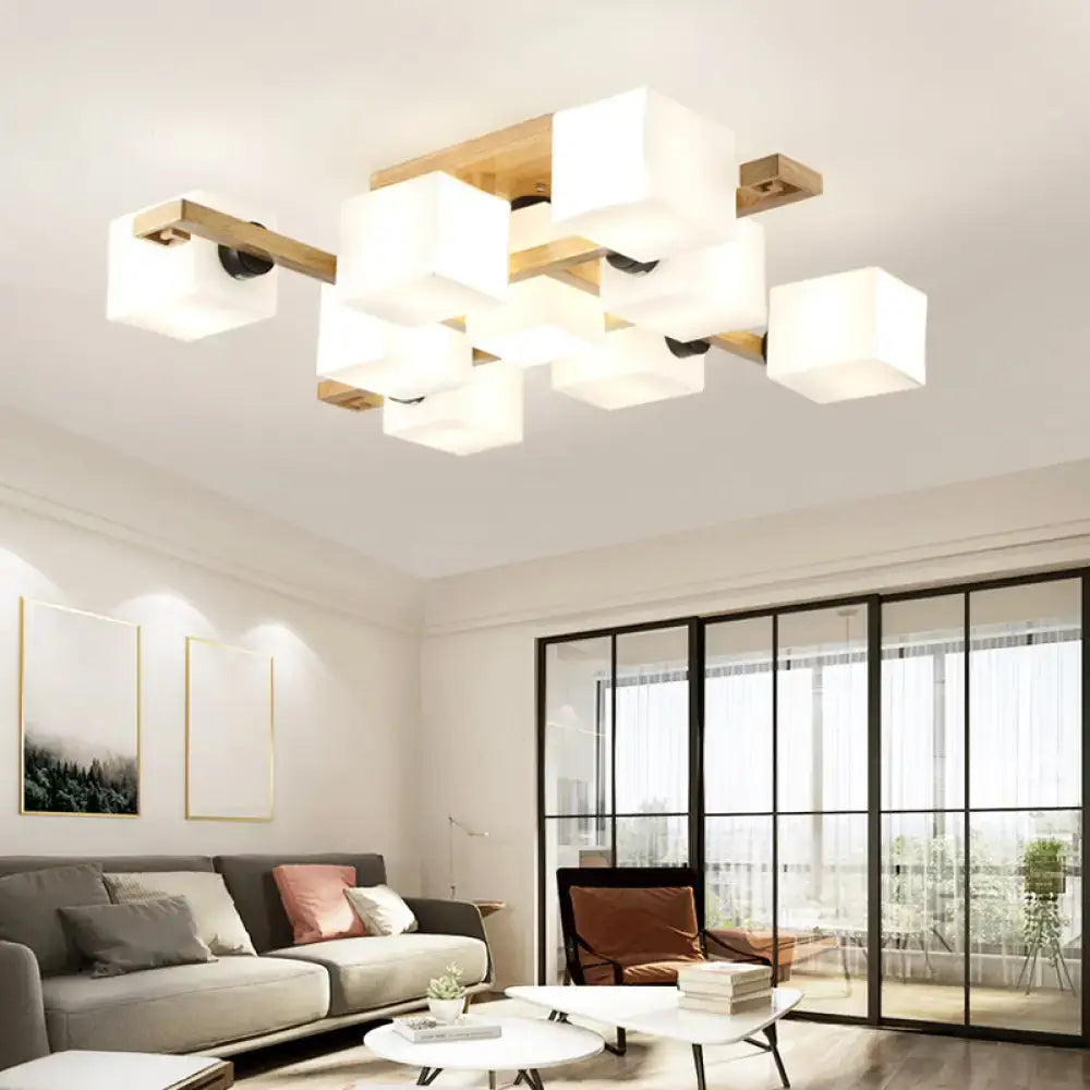 Modern wood and white glass square ceiling light for living room