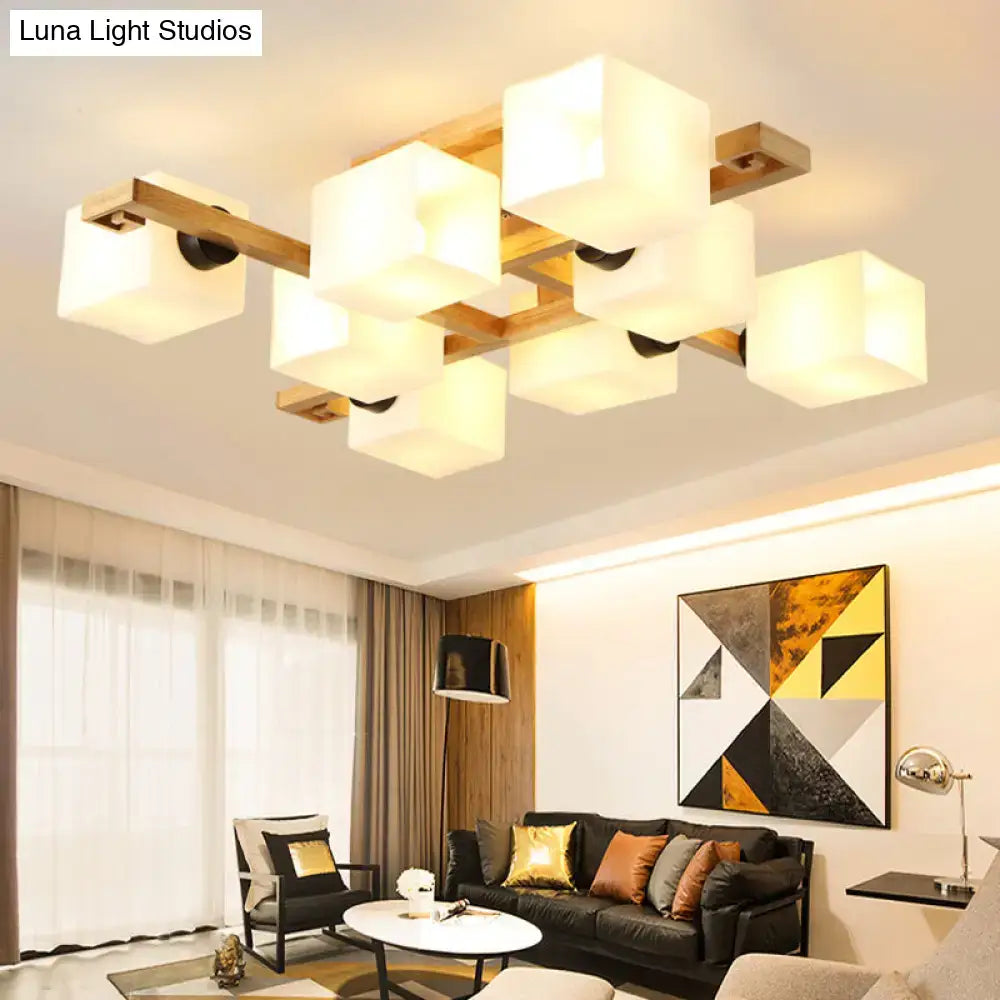 Modern wood and white glass square ceiling light for living room