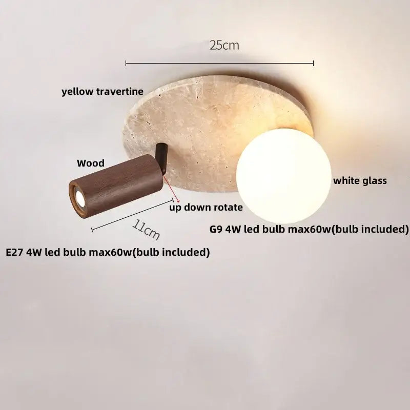Modern wood base led ceiling light beige stone bedroom globe
