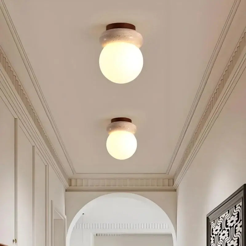 Modern wood base led ceiling light beige stone bedroom globe