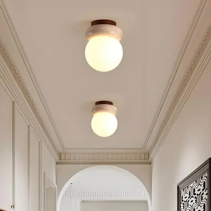 Modern wood base led ceiling light beige stone bedroom globe