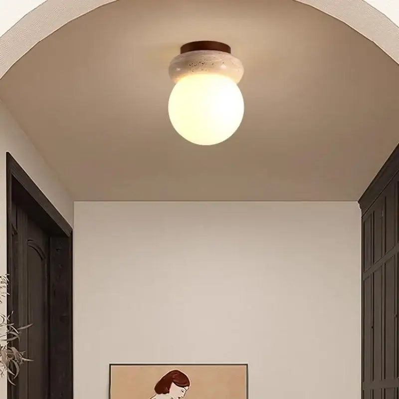 Modern wood base led ceiling light beige stone bedroom globe