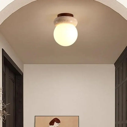 Modern wood base led ceiling light beige stone bedroom globe