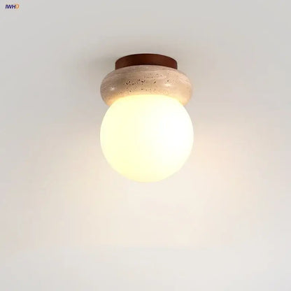 Modern wood base led ceiling light beige stone bedroom globe