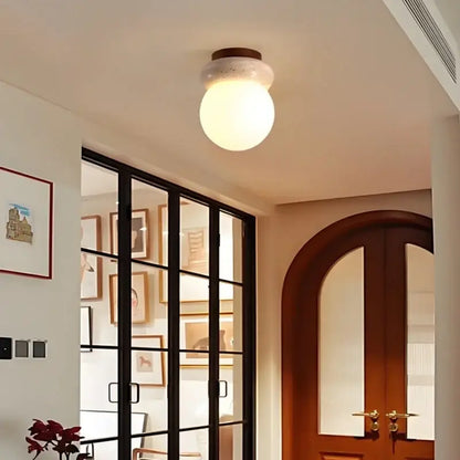 Modern wood base led ceiling light beige stone bedroom globe
